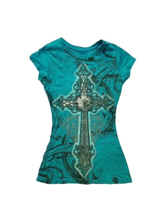 2000s Tops Y2k Grunge Shirts Emo Clothes Teen Girls Vintage Graphic Tee Y2k 2000s Goth Top Women Mcbling Short Sleeve Streetwear (Green,M-2)