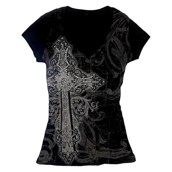 YaEYa 2000s Tops Y2k Grunge Shirts Emo Clothes Girls Vintage Graphic Tee Y2k 2000s Goth Top Women Mcbling Short Sleeve Streetwear