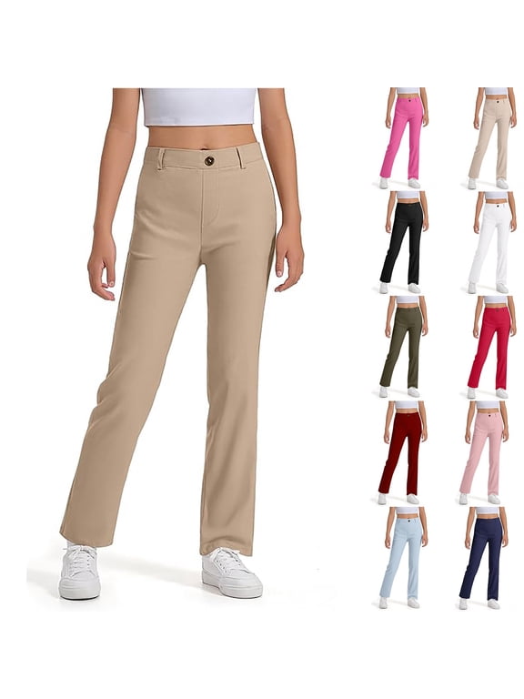 Back To School Uniform Pants for Girls 2026 Stretch Button Front Straight Leg Pants Preppy Pull On Loose Fit Casual Trousers (Black,15-16 Years)