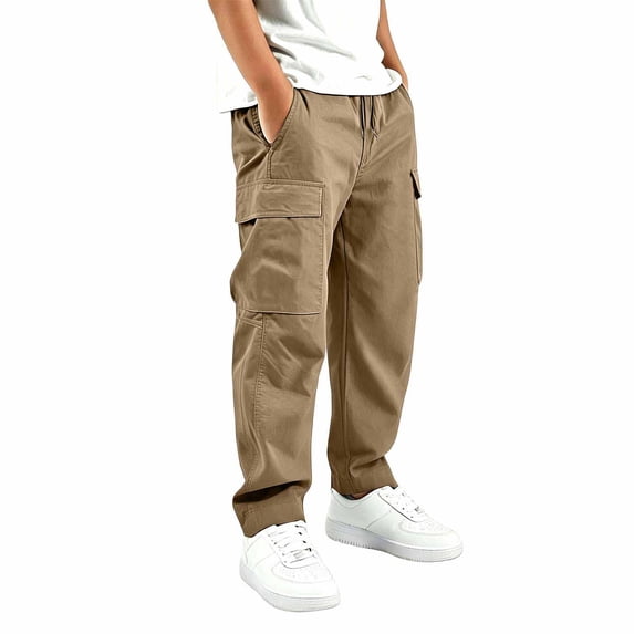 YaEYa Boys Cargo Pants Baggy Pull on School Uniform Pants Casual Drawstring Elastic Waisted Open Bottom Straight Leg Trousers with Pockets