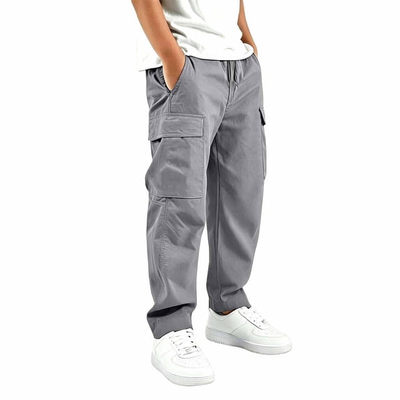 YaEYa Boys Cargo Pants Baggy Pull on School Uniform Pants Casual Drawstring Elastic Waisted Open Bottom Straight Leg Trousers with Pockets
