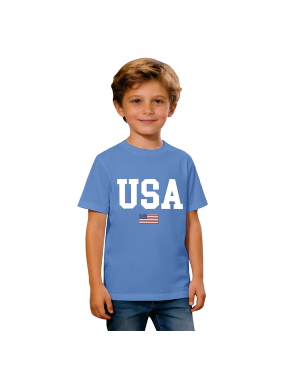 Boys USA Shirt, 4th of July T Shirt Patriotic Independence Day American Flag Graphic Kids Tee Age 2-13T (Blue)