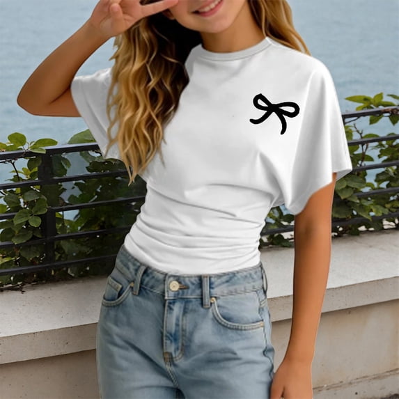 YaEYa Cinched Waist Shirts for Girls Ruched Tighten Waist T-Shirt Summer Casual Crewneck Basic Tees Going Out Y2k Clothes 3-14Y