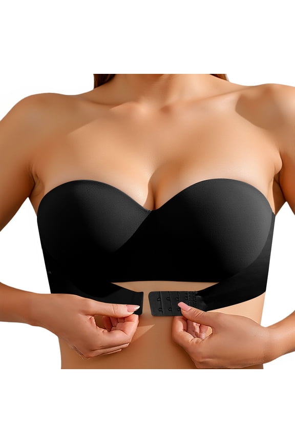 Front Closure Strapless Bandeau Bras For Women Double Anti-Slip Seamless Push Up Back Smoothing Invisible Support Tube Bras (Black,32)