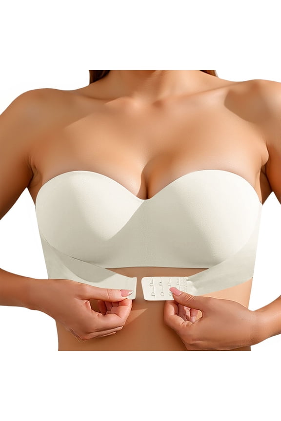 Front Closure Strapless Bandeau Bras For Women Double Anti-Slip Seamless Push Up Back Smoothing Invisible Support Tube Bras (White,32)