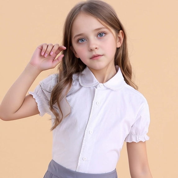 YaEYa Girls Button Down Shirts Preppy School Uniform Blouse Short Sleeve Collar Neck Solid Color Breathable Soft Cotton Tee Tops
