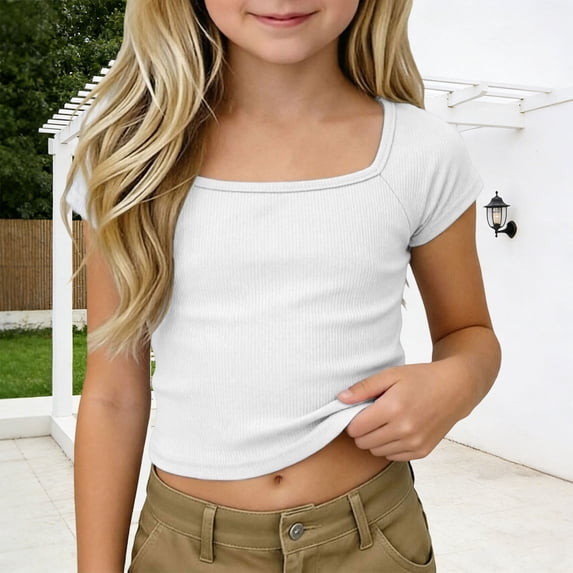 YaEYa Girls Crop Tops Ribbed Knit Short Sleeve Shirts Square Neck Basic Soft Slim Fitted Solid Casual Y2k Going Out Tees