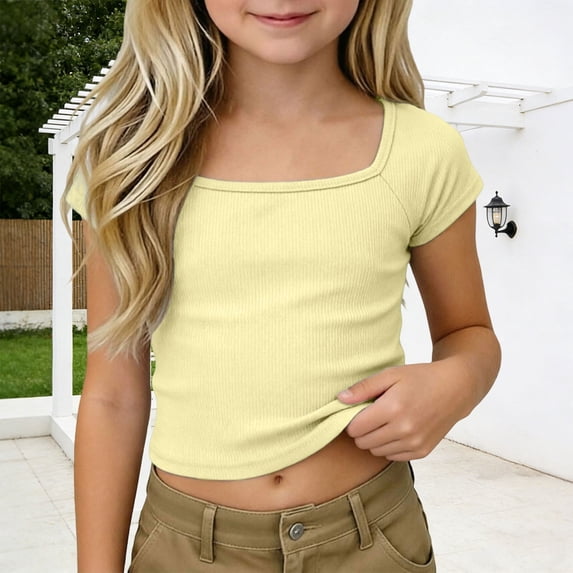 YaEYa Girls Crop Tops Ribbed Knit Short Sleeve Shirts Square Neck Basic Soft Slim Fitted Solid Casual Y2k Going Out Tees