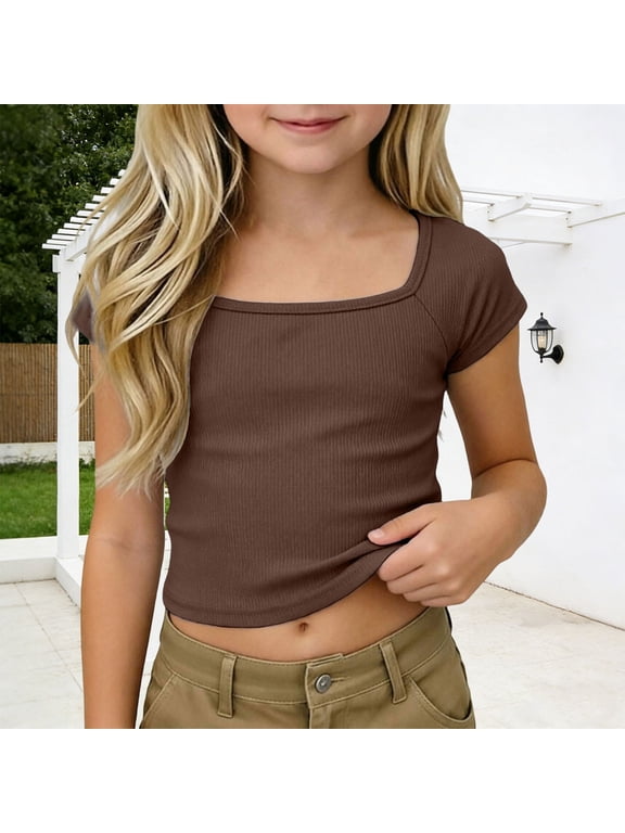 Girls Crop Tops Ribbed Knit Short Sleeve Shirts Square Neck Basic Soft Slim Fitted Solid Casual Y2k Going Out Tees