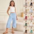 thumbnail image 1 of YaEYa Girls Linen Capri Pants Wide Leg Cozy Elastic Waist Flowy Casual Pants Summer Beach Cropped Trousers with Pockets (Watermelon Red,7-8 Years), 1 of 8