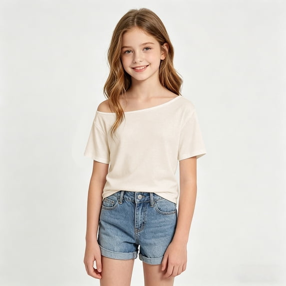 YaEYa Girls Off The Shoulder Tops Short Sleeve Oversized Tshirts Summer Casual Loose Fit Basic Tees Y2K Going Out Tops