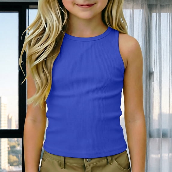 YaEYa Girls Ribbed Tank Top Fitted Sleeveless Racerback Athletic Workout Top Summer Exercise Yoga Gym Shirts Fits for Kids 4-14 Years