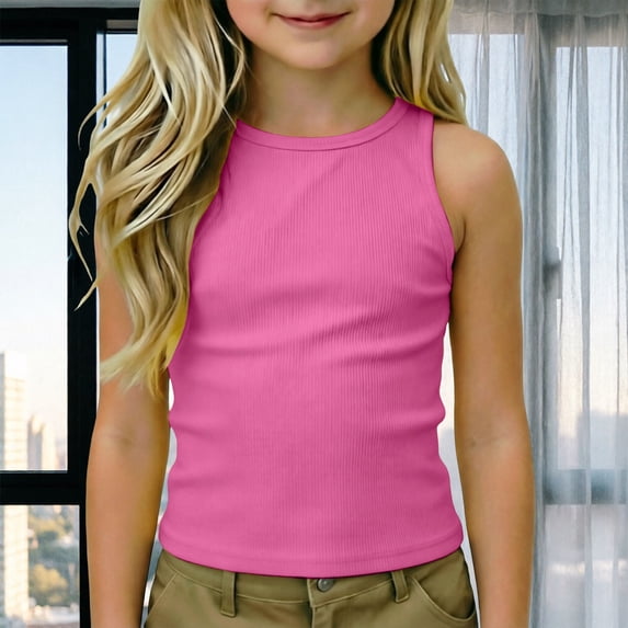 YaEYa Girls Ribbed Tank Top Fitted Sleeveless Racerback Athletic Workout Top Summer Exercise Yoga Gym Shirts Fits for Kids 4-14 Years