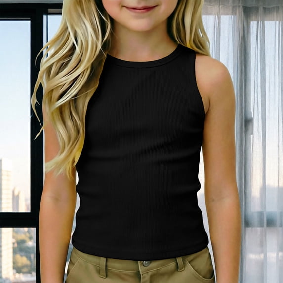 YaEYa Girls Ribbed Tank Top Fitted Sleeveless Racerback Athletic Workout Top Summer Exercise Yoga Gym Shirts Fits for Kids 4-14 Years