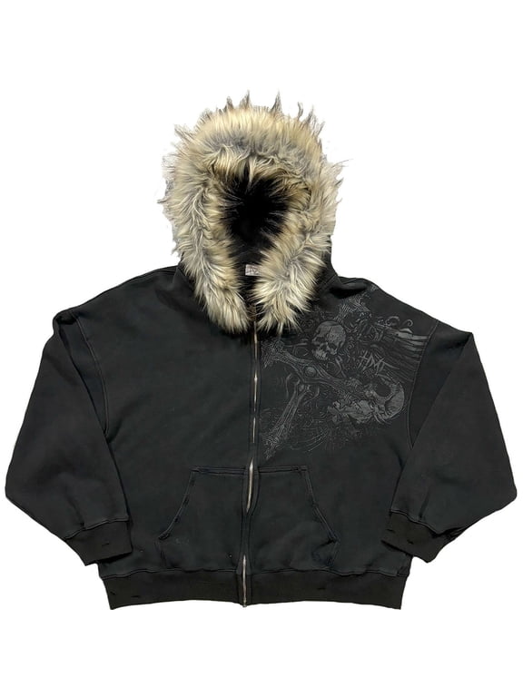 Grunge Hood Zip Up Hoodie for Men Winter Gothic Crop Coats Y2k Emo Goth 2000s Graphic Sweatshirts Winter Coats Streetwear Black XL