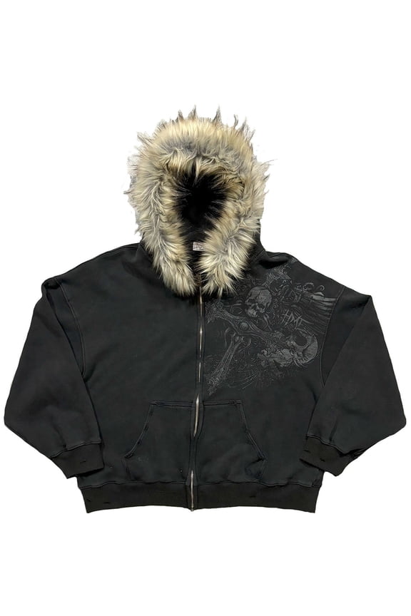 Grunge Hood Zip Up Hoodie for Men Winter Gothic Crop Coats Y2k Emo Goth 2000s Graphic Sweatshirts Winter Coats Streetwear Black XL
