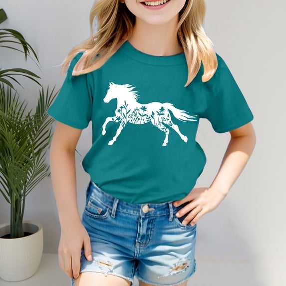 YaEYa Horse Shirt for Girls Western Shirt Cowgirl Tshirts Horse Riding Tee Animal Graphic Tees Tops