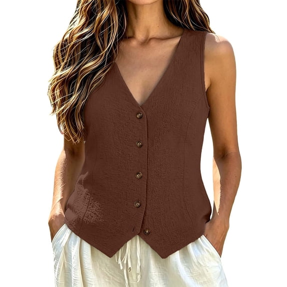 YaEYa Linen Vest Tops for Women Summer Lightweight Button Down Sleeveless Shirts V Neck, Business Casual Vests Tank Top Fashion 2026 for Work Office Teacher Outfits Vacation (Coffee,XL/2)