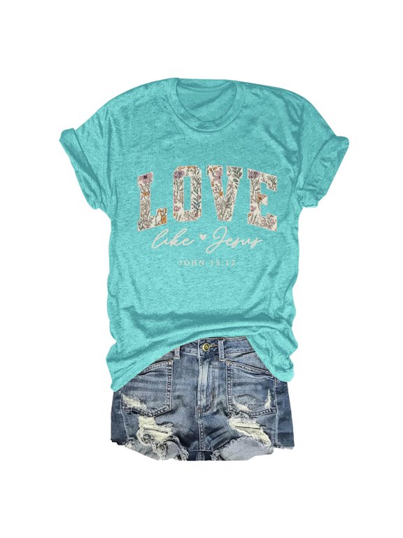 Love Like Jesus Christian Shirts for Women Religious Faith God T-Shirt Bible Verse Inspirational Graphic Tees (Sky Blue,L)