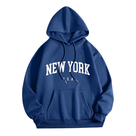 YaEYa NEW YORK Letter Print Hoodie For Men Drop Shoulder Long Sleeve Hooded Sweatshirt With Drawstring Streetwear Outfit Blue XXL