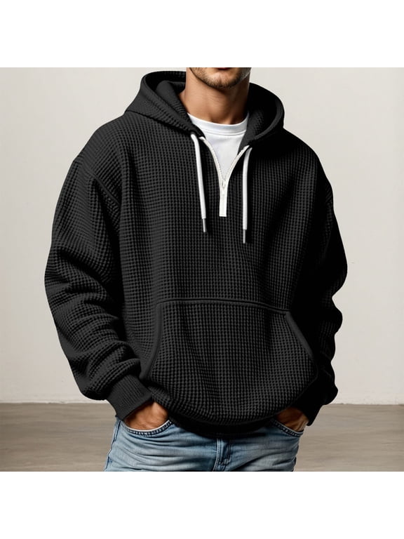 Quarter Zip Pullover Men Plus Size Long Sleeve Waffle Hoodies Oversized Drop Shoulder Casual Drawstring Sweatshirt Black XXL