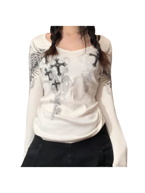 Womens Graphic Print Long Sleeve T Shirts Off Shoulder Pullover Gothic Cross Wings Y2K Grunge Emo Punk Alternative Tops