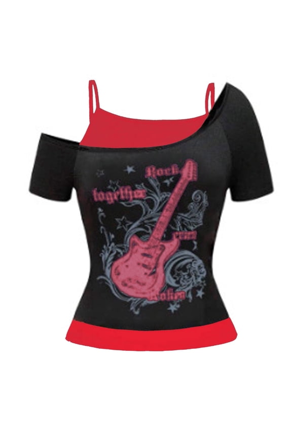 Y2k Grunge Shirts Women 2000s Graphic Tees Two Piece Short Sleeve Vintage Crop Top Goth Alt Clothes (Hot Pink,L)