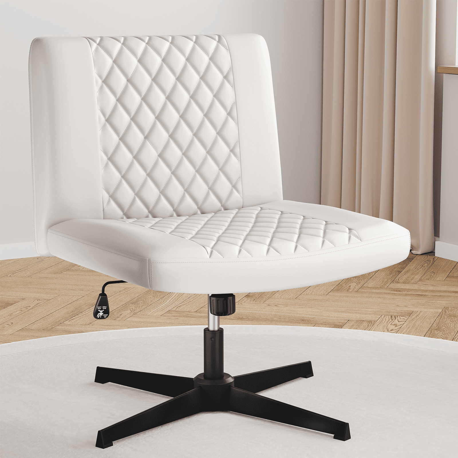  YFO Armless Home Office Desk Chair with Wheels or Stationary  for Living Room, Extra Wide Criss Cross Legged Swivel Chair, Modern Neutral  Comfy Linen Computer Chair for Vanity, Bedroom, Beige 