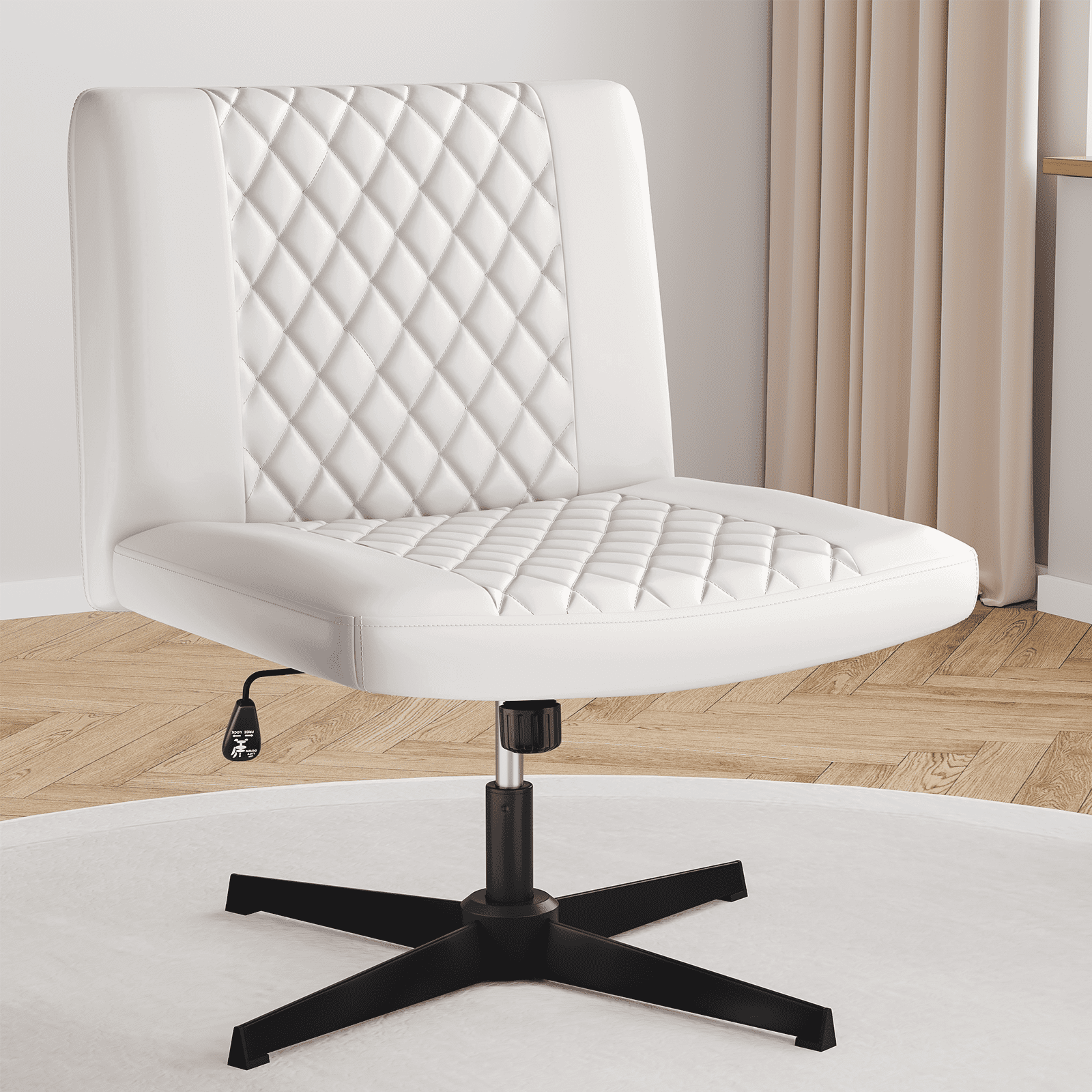 YaFiti Armless PU Leather Office Desk Chair, Cross Legged Home Office Chair  No Wheels Heavy Duty Metal Base,120° Rocking Ergonomic PC Chair, White