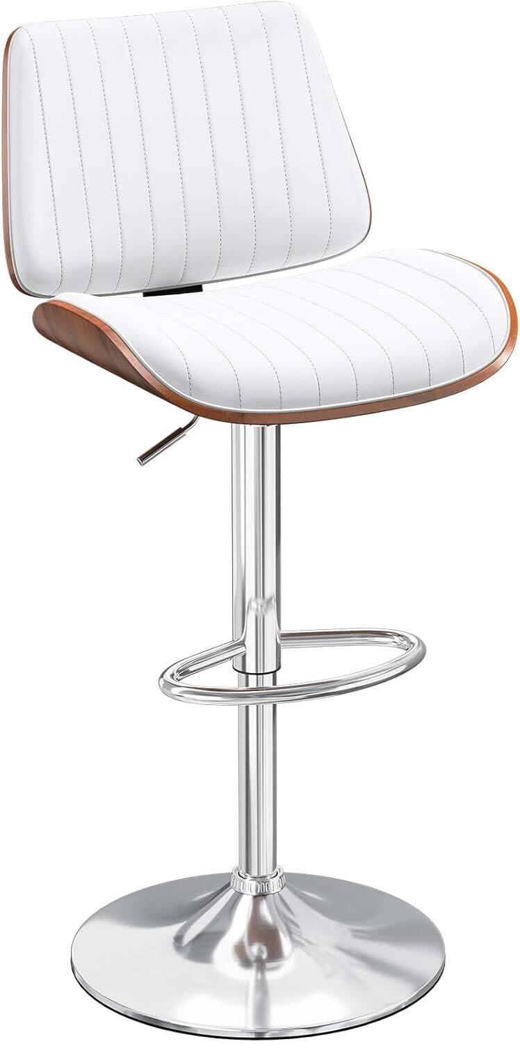 Bar Stool Set, Bentwood Back and Leather Seat Swivel Stools for Kitchen Island and Counter, White