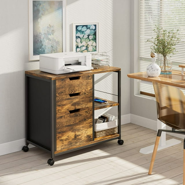 YaFiti File Rolling Wooden File with 3 Drawers, for Storage File Printer Stand
