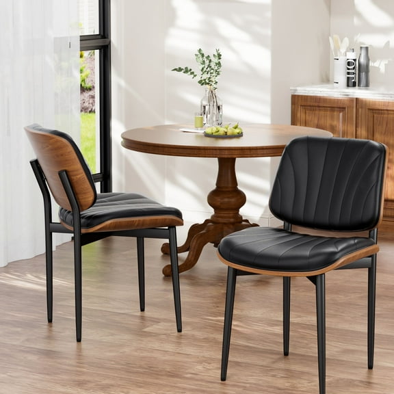 GIKPAL Mid Century Modern Walnut Back PU Faux Leather Dining Chairs, Black (Set of 2)