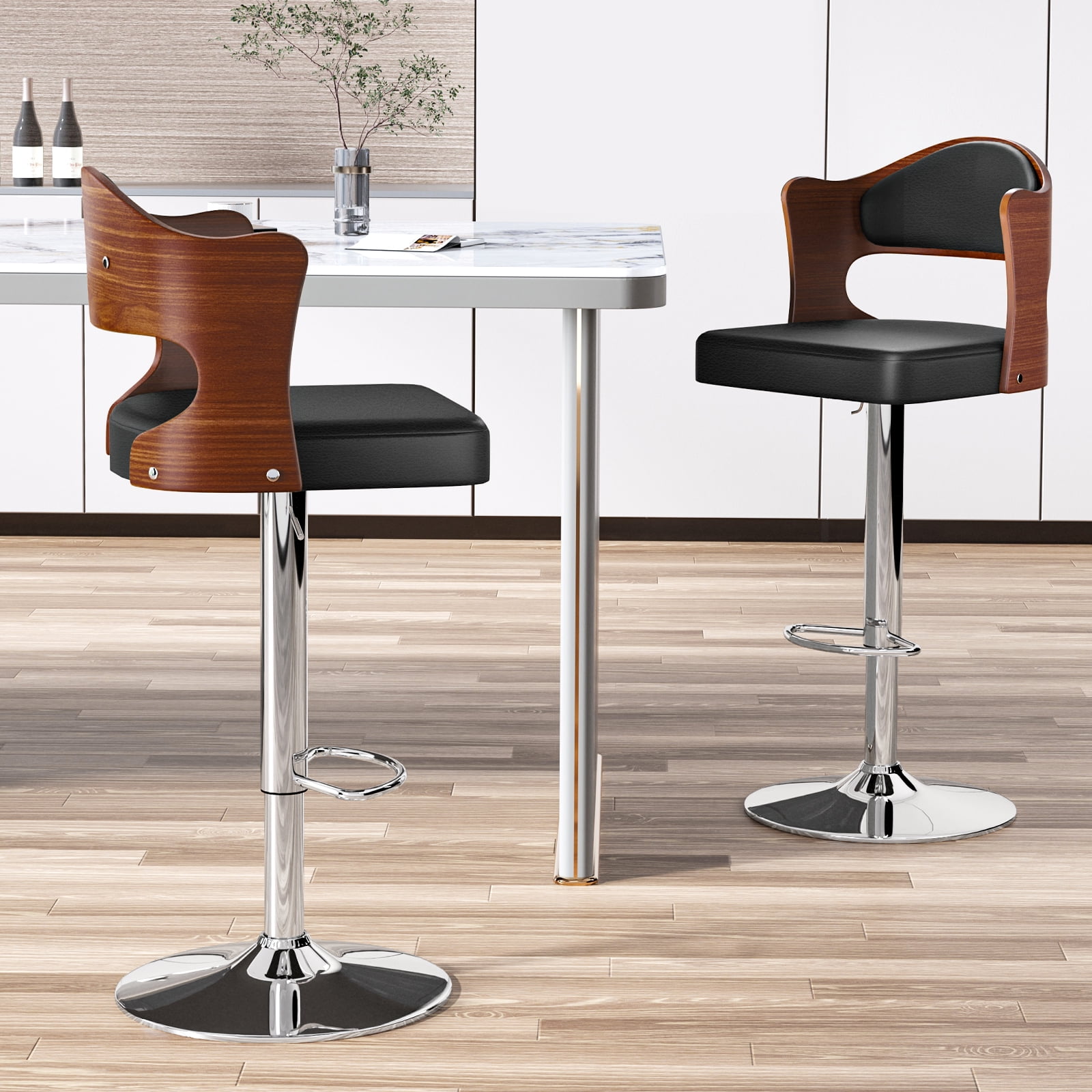 YaFiti Set of 2 Adjustable Height Bar Stools, PU Leather Swivel Kitchen
