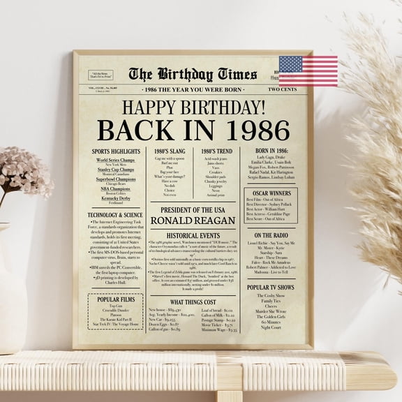 YaHaku 1986 Birthday Newspaper Poster: The Year You Were Born in 1986 40th birthday gift