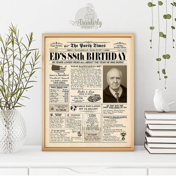 YaHaku 88th Birthday Newspaper Poster , 88th birthday gift for him or her, 88th birthday decorations, back in 1937, 88th birthday sign