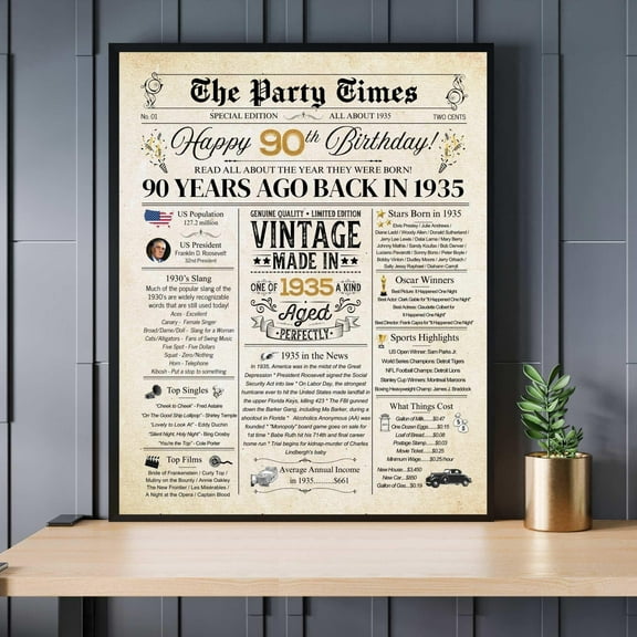 YaHaku 90th Birthday Newspaper Poster, Back in 1935 Facts for 90 Years Adult Birthday