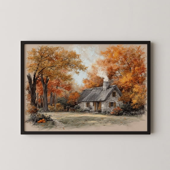YaHaku Autumn Cottage Art Poster: Cozy Fall Landscape
