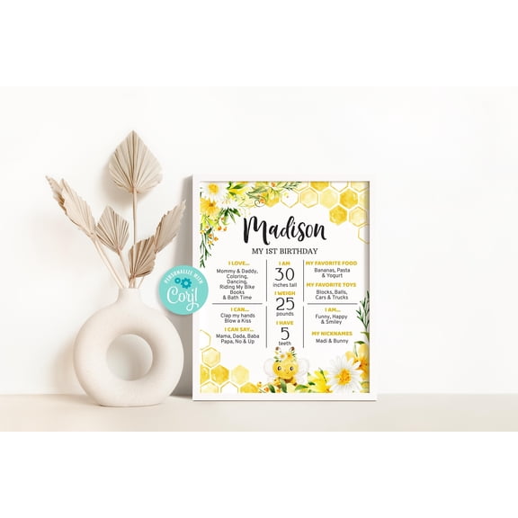 YaHaku Bee 1st Birthday Milestone Poster Bee Editable Poster