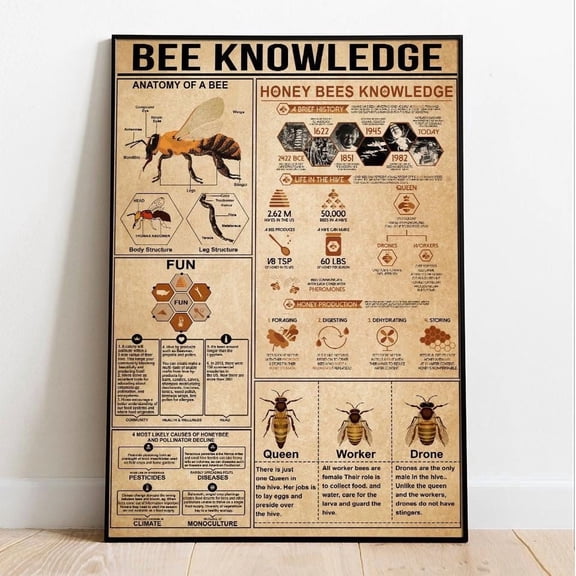 YaHaku Bee Knowledge Poster, Bee Lover Gift, All About Bee, Vintage Knowledge Poster, Knowledge Art, Home , Education Chart Lover Gift