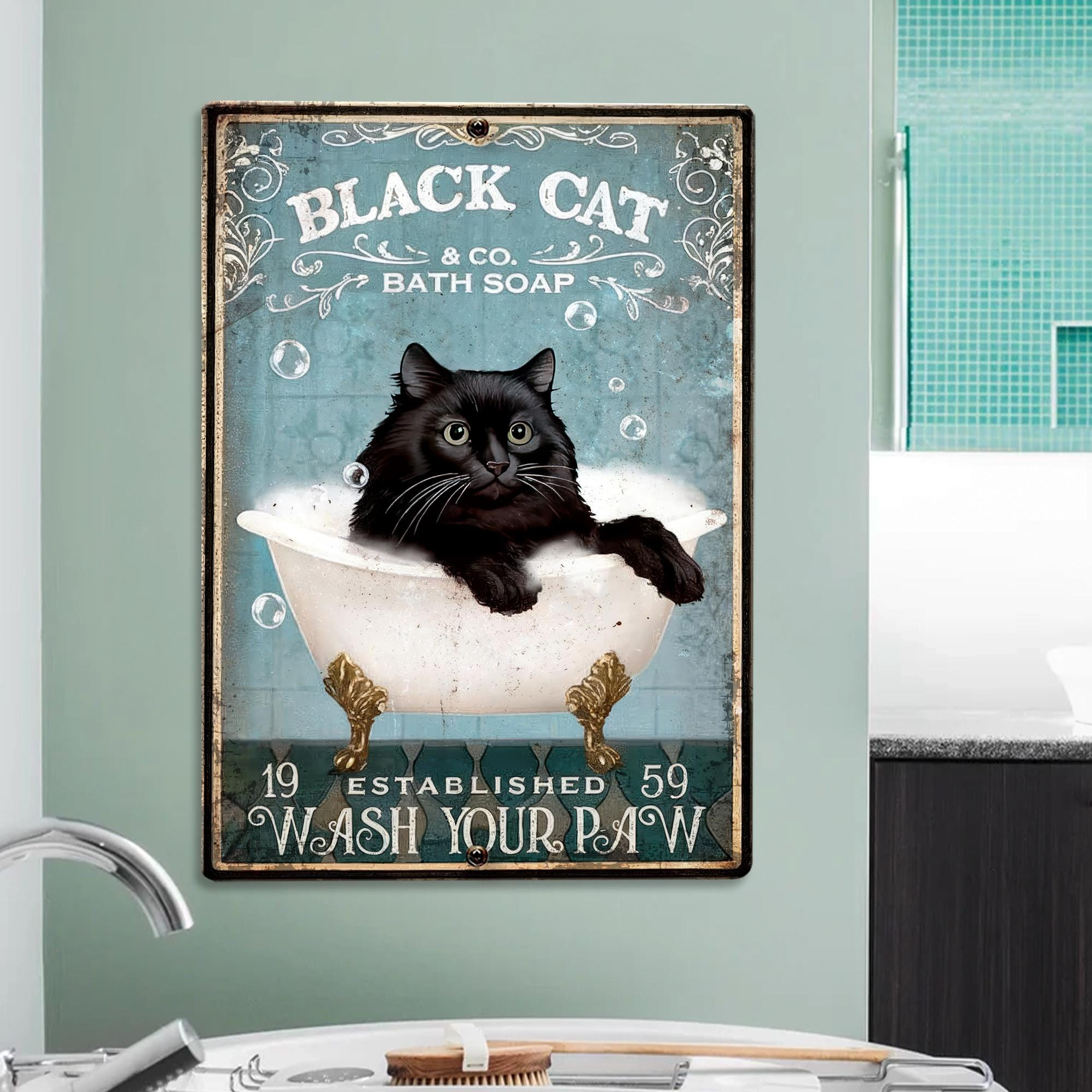 YaHaku Black Cat Wash Your Paws Funny Bathroom Retro Metal Aluminum Tin ...