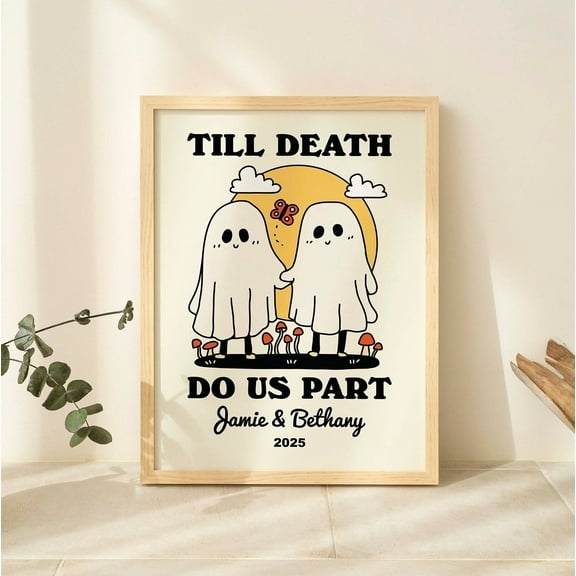 YaHaku CUSTOM Romantic Ghosts Print, Personalized Wedding Illustration, Anniversary Engagement Valentines Gift, Til death do us part Quote