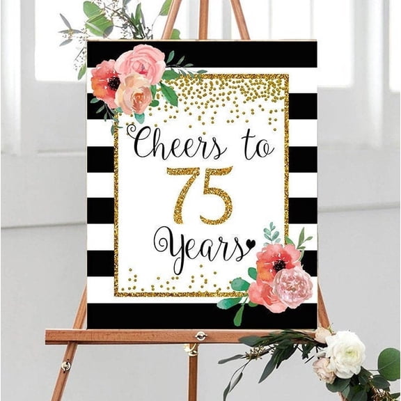 YaHaku Cheers to 75 Years, 8x10, 16x20, 75th Birthday Poster, 75th Anniversary Poster, Gold confetti Birthday Party Decoration, 75th birthday decor