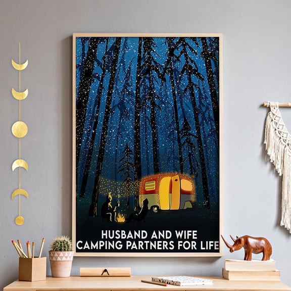 YaHaku Couple Camping Wall Art, Husband Wife Camping Partners For Life Unframed Poster, Nature Adventure Gift for Camper, Rustic Cabin Wall Hanging