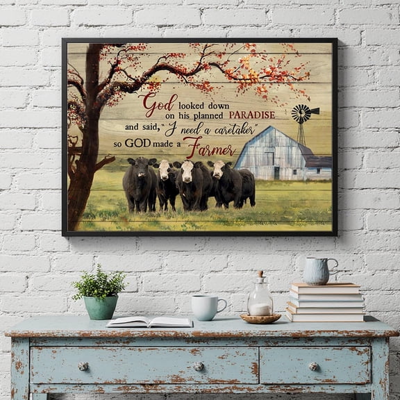 YaHaku Cow Wall Art, Rustic Barn Landscape , So God Made A Farmer Print, Jesus Landscape Prints, Home Decor