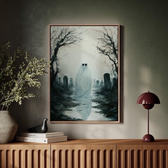 YaHaku Creepy Ghost in Graveyard Art Print | Haunted Cemetery Wall Decor | Spooky Monochrome Halloween Ghost Poster for Gothic Homes