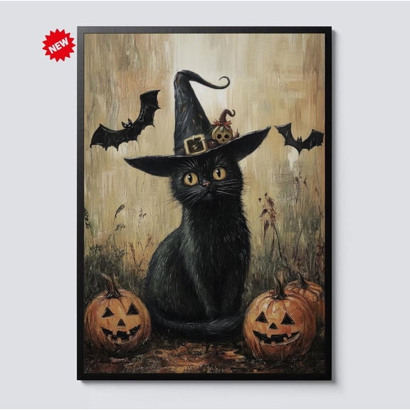 YaHaku Cute Black Cat Witchy Halloween Poster – Magical Feline Wall Art for Spooky Season, Mystical Witch Decor for Room Gothic Home