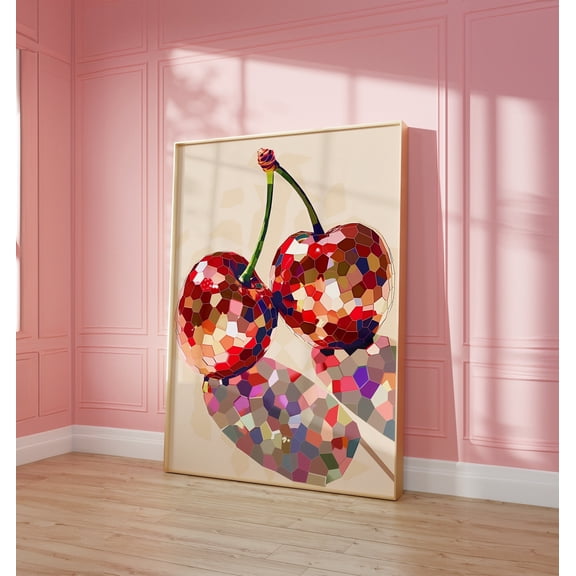 YaHaku Disco Cherries Art Print • Fun Trendy Kitchen Prints • Glam Disco Ball Red Cherry Wall Decor • Aesthetic Fruit Preppy Dorm Room Decor
