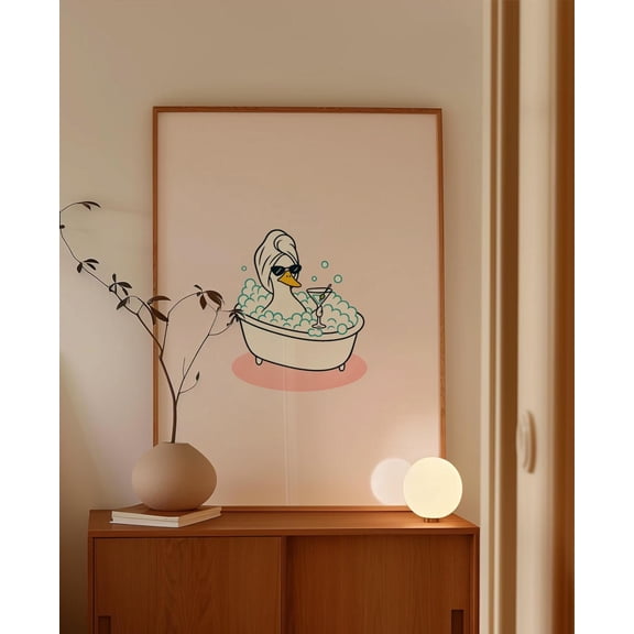 YaHaku Duck in Bath Tub Poster • Trendy Pink Bathroom Wall Art • Funny Goose Self Care Poster • Duck and Martini Wall Decor • Cute Shower Room Decor