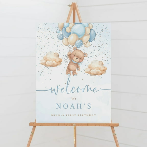 YaHaku Editable 1st Birthday Sign, Teddy Bear Birthday Welcome Poster, First Birthday Welcome Sign, Boy Birthday
