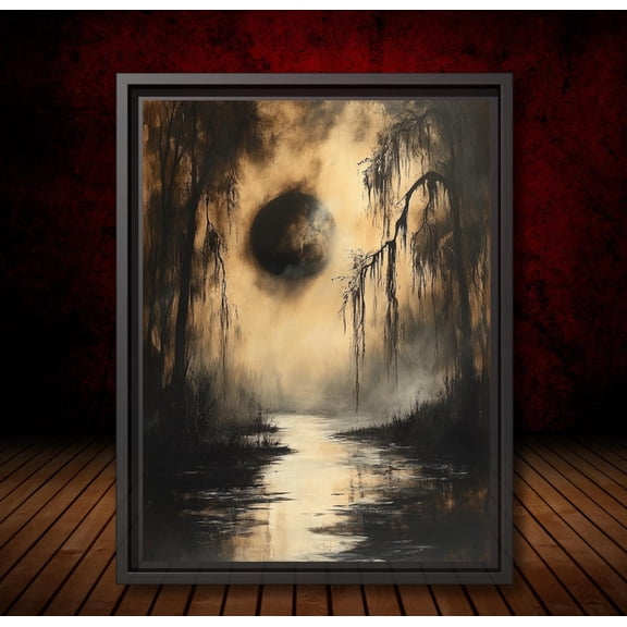 YaHaku Eerie Swamp Eclipse Wall Art Print Gothic Misty Forest Painting with Dark Moon, Creepy Woodland Landscape Artwork for Spooky Home Decor